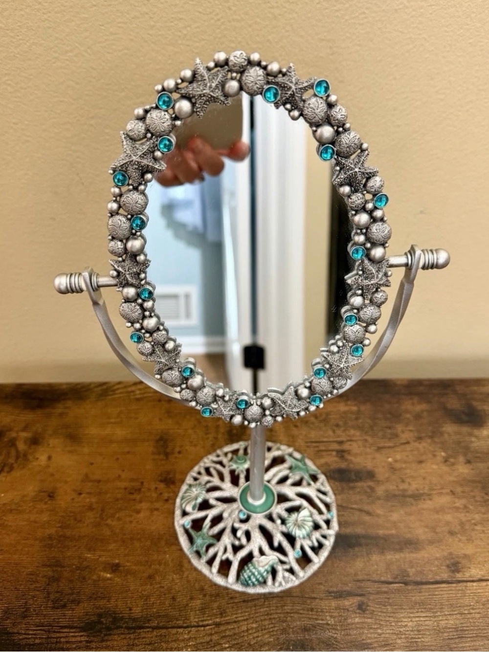 Vintage Style Cast Metal Tabletop Mirror Nautical Beach Starfish Coral Swivel